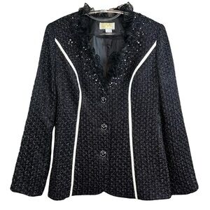 DVC Exclusive Metallic Ruffle Buttoned Evening Jacket Black Silver White Size 4